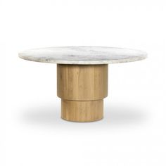 an oval marble table with wooden pedestals on the top and bottom, against a white background