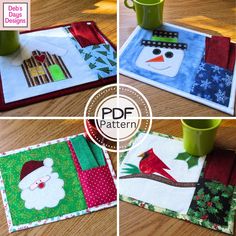 four pictures of christmas placemats on a table with coffee mug in the middle