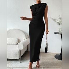 - Ruched Detailing On Shoulder And Side - Stretchy - Pull On Closure - Sleeveless - Back Slit - Soft Breathable Material - Machine Washable This Bodycon Dress Is Designed To Flatter Your Figure And Show Off Your Curves! It Has Ruched Detailing That Adds Layers To The Dress, And A Back Slit That Creates A More Elegant Look. You Can Dress It Up With Accessories And High Heels For A Party, Cocktail Event, Club Night, Wedding, Formal Event, Or Birthday Party Or Throw On Your Favorite Boots For A Coo Bodycon Dress Black, Night Wedding, Club Night, Cocktail Event, Favorite Boots, Ruched Bodycon Dress, Wedding Formal, Black Bodycon Dress, Formal Event