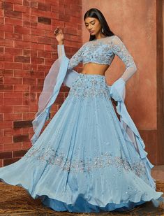 Embellished Lehenga, Ruffle Dupatta, Blouses Designs, Floral Embellishment, Blue Lehenga, Saree Blouses, Ghagra Choli, Embellished Blouse, Indian Saree