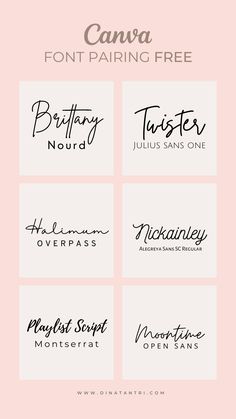 different font styles and colors on a pink background with the text, canva font pairing free