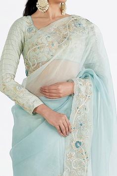 Shop for Megha Bansal Blue Silk Chanderi Aadia Hand Embroidered Saree With Blouse for Women Online at Aza Fashions Green Blouse Designs, Mint Green Blouses, Full Sleeve Blouse, Floral Saree, Cutout Blouse, Embroidered Saree, Green Saree, Blue Saree, Blouse For Women