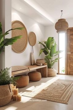 a living room filled with lots of plants and potted plants on top of wooden benches