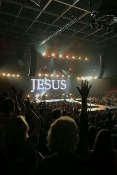 a large group of people at a concert with their hands up in front of the crowd