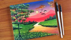 Art Scenery Painting, Water Colour Sunset Painting, Sunset Scenery Painting Easy, Landscape Ideas Painting Easy, Natural Scenery Painting, Creative Landscape Painting, Sunset Background Painting Easy, Acrylic Painting For Beginners Step By Step, Acrylic Colour Scenery Painting