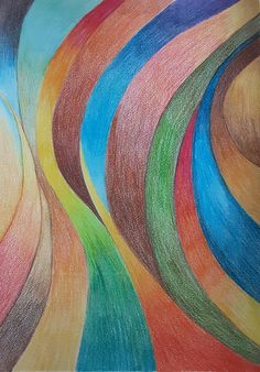 an artistic drawing with colored pencils in the form of curved lines and curves on a sheet of paper