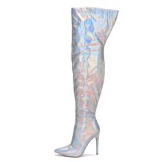 PRICES MAY VARY. Slip into Instant Wow - Slide into these glitzy metallic boots for women with ease, adding instant allure. The zipper closure ensures easy wear, allowing you to step out with an ideal fit - the best of both worlds in one simple move Lasting Foot Bliss - These women's thigh high boots are made to last, with a sturdy PU exterior & a metallic finish that stays vibrant. No more worries about fading. Enjoy a comfy day with a rubber sole & padded insole, keeping your feet happy Ultima Metallic Thigh High Boots, Holographic Boots, Womens Thigh High Boots, High Boots For Women, Women's Over The Knee Boots, Long Shoes, Thigh High Heels, Metallic Boots, Leather Thigh High Boots