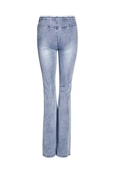 Details Best-selling Nevah Denim Pant Light Blue wash is back Low-mid rise waist and flared silhouette Flattering V-shaped waistband with fringe detailing Adjustable drawstring detail at front waist - Can be tucked in Features sandblasting effect on thighs and on behind Side seam zipper Recommended Underwear: Due to the low-rise fit, we recommend wearing this garment with a seamless low-rise brief Size and Fit True to size. We recommend wearing your standard size Low to mid rise. Rise is adjusta Light Wash Stretch Full Length Flares, Light Wash Stretch Flares Full Length, High Rise Light Wash Stretch Flares, Denim Blue Flare Pants With Frayed Hem, Trendy Blue Denim Flares, Light Blue High Waist Fitted Flare Jeans, High Waist Light Blue Fitted Flare Jeans, Fitted High Waist Light Blue Flare Jeans, Washed Blue Stretch High Rise Flare Jeans