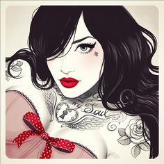 a drawing of a woman with tattoos on her chest and red bow around her neck