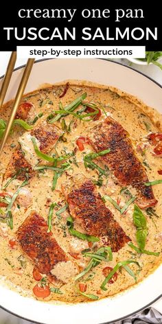 this creamy one pan tuscann salmon recipe is an easy and delicious dinner that's ready in under 30 minutes