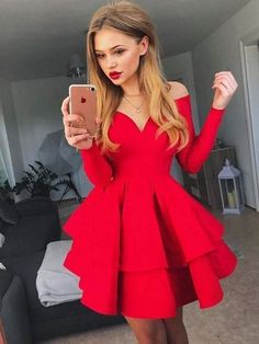 Bridelily A-Line Satin Off-the-Shoulder With Ruffles Long Sleeves Short/Mini Dresses - Prom Dresses Long Sleeve Homecoming Dress, Party Dresses With Sleeves, Long Sleeve Homecoming Dresses, Women's A Line Dresses, Graduation Party Dresses, Mini Homecoming Dresses, Satin Homecoming Dress, Red Homecoming Dresses, Homecoming Dresses Long