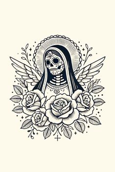 a black and white drawing of a woman with roses in her hair, holding a skull