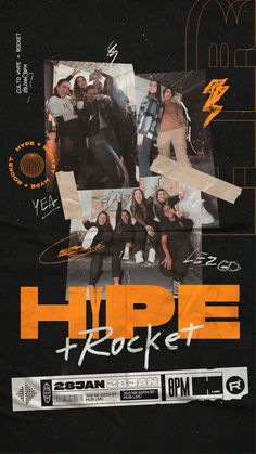 an advertisement for the hipe project with photos and text in orange, black and white