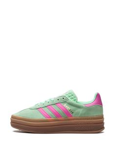 "Find ADIDAS Gazelle Bold \"\"pulse Mint Pink\"\" Sneakers on Editorialist. mint green/bubblegum pink calf leather signature 3-Stripes logo round toe logo-print tongue front lace-up fastening contrasting heel counter branded insole platform sole gum-rubber sole These styles are supplied by a premium sneaker marketplace. Stocking only the most sought-after footwear, they source and curate some of the most hard to find sneakers from around the world." Mint Sneakers, Mint Shoes, Adidas Gazelle Bold, Gazelle Bold, Sneakers Green, Pink Platforms, Round Logo, Pink Sneakers, Pink Adidas