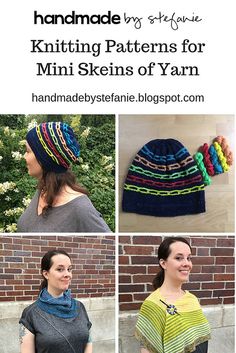 four different knitted hats with text overlay that reads, knitting patterns for mini skeins of yarn