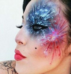 Firework Makeup Look, Fireworks Face Paint, Fireworks Costume, Firework Costume, Firework Face Paint, Uv Costume, Fireworks Makeup, Firework Makeup, Patriotic Makeup