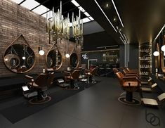 the interior of a hair salon with chairs and mirrors