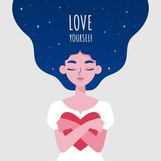 a woman with her arms crossed in front of her face and the words love yourself above her head