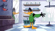 a cartoon duck in a clothing store with his feet on the floor and arms outstretched