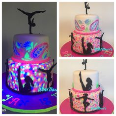 three different pictures of a cake decorated with dancing silhouettes