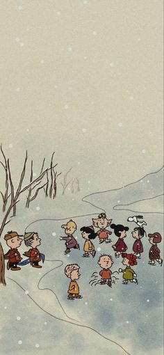 a group of cartoon characters standing in the snow next to a tree with no leaves on it