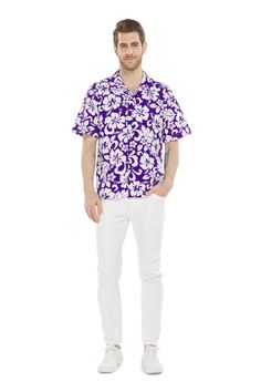 100% Cotton, Comfortable Fit, Easy Care Short Sleeve Camp Collar Matching Chest Pocket Matching Sets for Men, Women, Boys and Girls Available White Cotton Hawaiian Shirt With Tropical Print, White Cotton Hawaiian Tropical Shirt, White Cotton Tropical Hawaiian Shirt, White Cotton Shirt With Hibiscus Print, White Tropical Hawaiian Cotton Shirt, White Cotton Hibiscus Print Shirt, White Tropical Top With Camp Collar, Purple Short Sleeve Shirt For Vacation, White Hawaiian Camp Shirt With Relaxed Fit