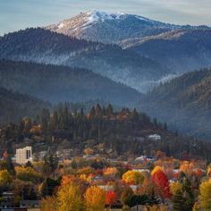 the mountains are covered in snow and trees with autumn foliage on them, as seen from across the valley