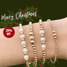 PEARL AND GOLD FILLED BRACELET Thanks for choosing us ! I am sure you will LOVE our PM DESIGN Collection! * Classic Gold Filled Bracelet 4mm ( corrugated ball Bead in the center 6mm) * Classic Gold Filled Bracelet 3mm ( corrugated ball Bead in the center 5mm) * Classic Gold Filled Bracelet 4mm with 5 Fresh Water Pearls * Classic Gold Filled Bracelet 4mm with 3 Fresh Water Pearls SEE our Mix gold & sterling silver ( go to our store * Stretch to fit perfectly ! * * If you want a size that is n Elegant Beaded Bracelets For Christmas Gift, Elegant Beaded Bracelets As Christmas Gifts, Gold 14k Gold Filled Pearl Bracelet For Wedding, Elegant Gold Bracelets For Christmas, Elegant Gold Christmas Bracelets, Gold Pearl Bracelets For Bridesmaid Gift, Elegant White Christmas Bracelets, Gold Beaded Wedding Bracelets 14k Gold Filled, Gold 14k Gold-filled Beaded Bracelets For Wedding