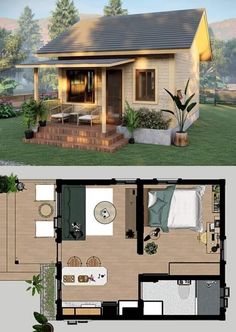 the floor plan for a small house with an attached porch and stairs to the upper level