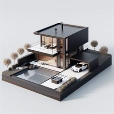 an architectural model of a modern house with a car parked in the driveway and trees