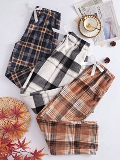 3pcs Plaid Print Tie Waist Pajama Sleep Pants Multicolor Casual-Woman   Flannelette Plaid Straight Leg Slight Stretch All,Fall/Winter Women Sleep & Lounge, size features are:Bust: ,Length: ,Sleeve Length: Christmas Pj Pants, Cute Pjs, Matching Pjs, Cute Pajama Sets, Plaid Pajamas, Cute Pajamas, Sleep Pants, Pj Pants, Girls Pajamas