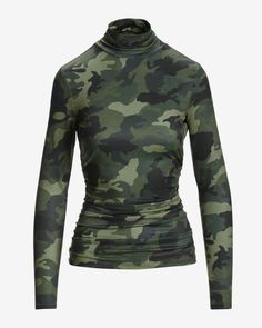 Add chic edge to any outfit with the So Chic City Camo Printed Turtleneck. Featuring a distinctive, urban-inspired camo pattern, it enhanced with a subtle sheen for dressier appeal and side seam ruching for a flattering, shape-enhancing fit. | Boston Proper - Green/Black - So Chic City Camo Printed Turtleneck Top - 2XS Spring Military Style Fitted Tops, Fitted Military Tops For Spring, Fitted Camouflage Long Sleeve Tops, Spring Stretch Camouflage Top, Fitted Military Style Top For Fall, Fitted Military Style Winter Tops, Printed Turtleneck, Denim Jean Dress, Travel Jacket