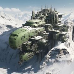 a sci - fi city on top of a snowy mountain