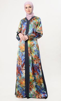 Multi-Colored Satin Abaya Dress - EastEssence.com Spring Abaya With Modesty Panel, Layer Abaya, Satin Abaya Dress, Satin Abaya, Modern Abaya, Moslem Fashion, Dress Muslim, Minimalistic Style, Abaya Designs