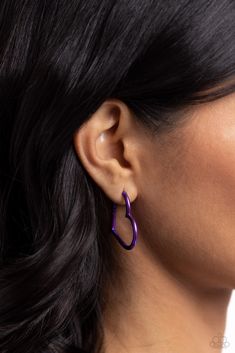 Featuring an electric purple hue, a heart silhouette hoop snugly curls around the ear for a colorfully romantic display. Earring attaches to a standard hinge closure fitting. Hoop measures approximately 1 1/2" in diameter.

 Sold as one pair of hinge hoop earrings. Heart Silhouette, Electric Purple, Wooden Bracelet, Heart Hoop Earrings, Party Necklace, Purple Earrings, The Ear, Paparazzi Accessories, Seed Bead Necklace