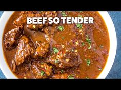 a bowl full of beef so tender with the words beef so tender in front of it