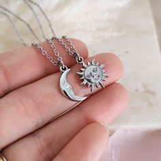 This Sun & Moon necklace set is perfect for sharing with those you love, to celebrate a love but also a deep bond of friendship. Entirely made of stainless steel to guarantee quality and durability, they are minimal, essential, discreet, suitable for wearing every day to celebrate an unbreakable bond. Upon request it is possible to engrave your names on the back of the pendants, contact me to find out more! This is the perfect gift to share with your Valentine, lover, best friend, Galentine, and the ideal couple necklaces to share with your Soulmate! DETAILS: - materials: 14k gold plated stainless steel - pendant size: 18mm SHIPPING All orders will be shipped out through DHL Express or UPS Express. Please double check the address is correct before checking out. 🌍Shipped in totally plastic Crescent Stainless Steel Necklace For Gifts, Celestial Stainless Steel Necklaces As Gift, Celestial Stainless Steel Necklace For Gifting, Celestial Stainless Steel Necklace As Gift, Celestial Stainless Steel Necklace For Gift, Celestial Style Stainless Steel Necklace For Gift, Silver Stainless Steel Couples Necklace, Couples' Silver Stainless Steel Necklaces, Stainless Steel Necklace With Moon Charm For Gift