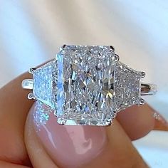 Three Stone Radiant Cut 4.75 TCW Moissanite Engagement Ring 925 Sterling Silver | eBay 3 Carat Radiant Cut Diamond Ring, Extravagant Wedding Rings, Ring Redesign Before And After, Engage Ring, Ww Girl, Wide Band Diamond Rings, Shiney Things, Radiant Cut Diamond Ring, Engagement Ring Pictures