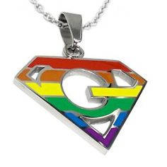 a necklace with the letter g on it and a rainbow superman symbol in the center