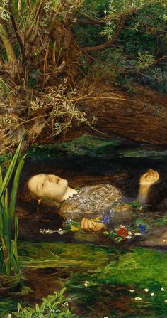 a painting of a woman floating in the water surrounded by plants and flowers, with her eyes closed