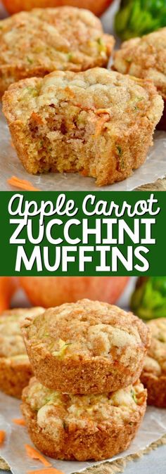 apple carrot zucchini muffins stacked on top of each other with the title above it