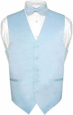 a light blue vest with white shirt and bow tie