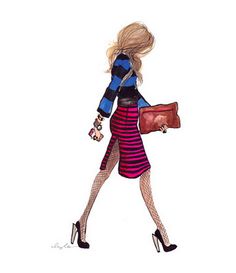 a drawing of a woman walking down the street with a purse and handbag in her other hand