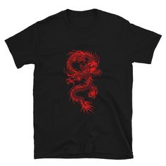 "Japanese Dragon Shirt | Red Dragon T-Shirt | Traditional Japan Dragon Art Drawing Tee | Aesthetic Grunge Clothing | Unisex T-Shirt A Japanese dragon, also known as ryū (ryu) or tatsu (龍 or 竜, \"dragon\") is a mythical animal from Japan. Like other creatures called dragons, the Ryū is a big, fantastic animal that looks similar to a serpent, and is related to the Chinese lóng and the Korean yong. You've now found the staple t-shirt of your wardrobe. It's made of a thicker, heavier cotton, but it' Red Graphic Print T-shirt, Red Graphic Tee With Print, Red Shirt With Front Print For Streetwear, Red Graphic Print Tee Shirt, Red Graphic Shirt For Streetwear, Red Crew Neck Shirt With Front Print, Red Band Merch Tops With Screen Print, Red Crew Neck T-shirt With Graphic Design, Red Band Merch Top With Screen Print