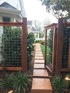 a stone path between two wooden gates leading to a house with green plants on either side