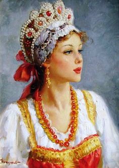 a painting of a woman with beads on her head