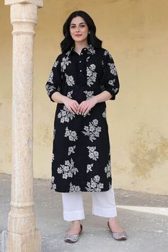 Black kurta with floral print and mandarin collared neckline. Paired with pant. - Aza Fashions Traditional Workwear Kurta With Printed Motifs, Traditional Printed Kurta For Workwear, Straight Kurta With Printed Motifs For Work, Fitted Black Spring Kurta, Black Kurta, Straight Kurta, Pant Set, Mandarin Collar, Set For Women