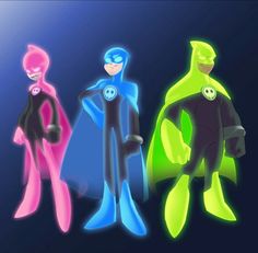 three different colored superheros standing next to each other in front of a blue background