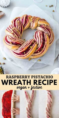 raspberry pistachio wreath recipe with text overlay