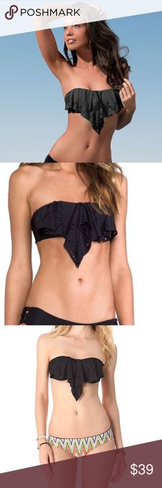 New L*Space Flutter Bye Bandeau Bikini Top L*space bikini top. D Cup. Black.  A laser-cut ruffle adds graceful movement to a strapless bikini top. Boned sides provide support, and the thick straps knot at the back. Lined. 80% nylon/20% spandex. Hand wash. Made in the USA. Bottoms sold separately. l*space Swim Bikinis Strapless Ruffled Swimwear For Vacation, Chic Tube Top For Beach Season, Strapless Ruffle Swimwear For Beach Season, Chic Summer Tube Top For Poolside, Fitted Ruffles Tube Top For Beach, Fitted Ruffled Tube Top For Beach, Chic Bandeau Tube Top For Poolside, Stretch Flirty Tube Top For Beach, Flirty Stretch Tube Top For Beach